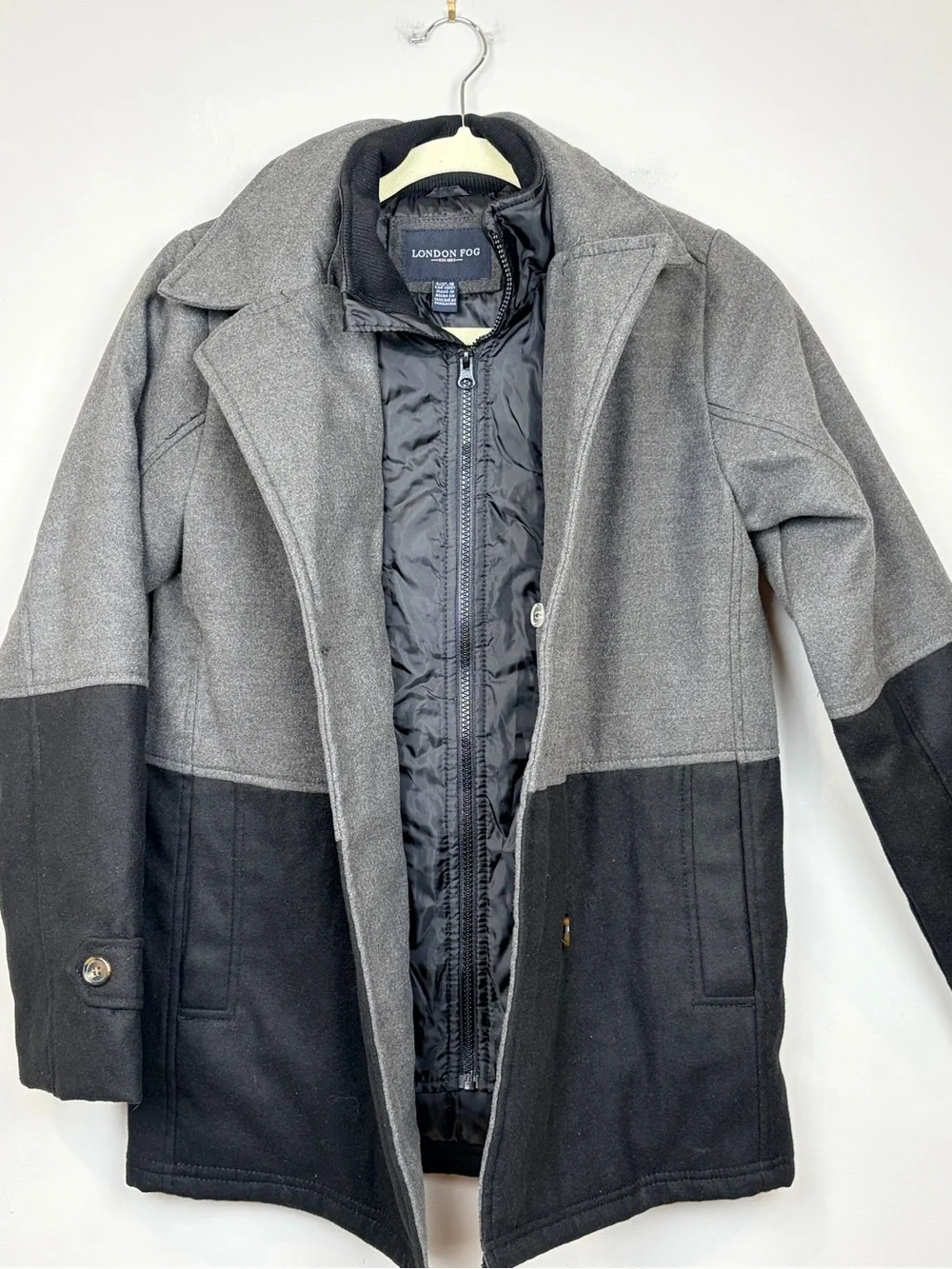 London Fog Boys Double Breasted Peacoat Jacket‎ Gray Black Size L 14-16